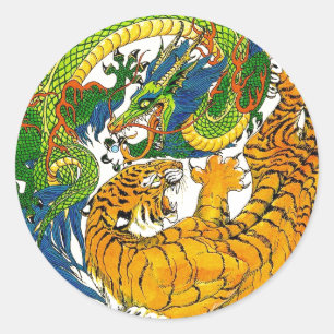 Sticker Rond Vintage classique oriental Yin Yang Dragon Tiger a