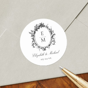 Sticker Rond Vintage Crest Monogramme Botanique Mariage officie