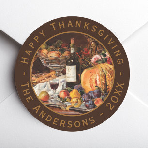 Sticker Rond Vintage de Thanksgiving Citrouille Automne Fruits 