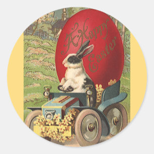 Sticker Rond Vintage drôle Pâques, Lapin Rabbit Oeuf Automobile