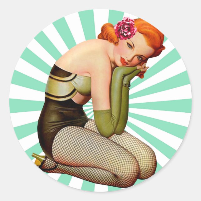 Sticker Rond Vintage fille avec rose (Devant)