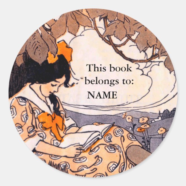 Sticker Rond Vintage fille lecture plaque (Devant)