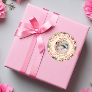 Sticker Rond Vintage fraise 1ère fête d'anniversaire Photo