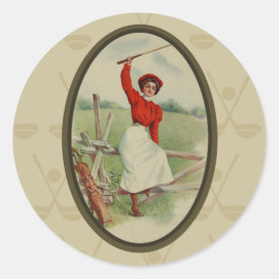 Sticker Rond Vintage Golfing Lady Art (deux)