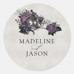 Sticker Rond Vintage gris foncé violet prune Floral Chat Mariag