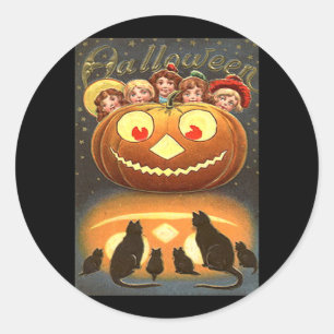 Sticker Rond Vintage Halloween Enfants et Chats