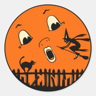 Sticker Rond Vintage Halloween sorcière et lune