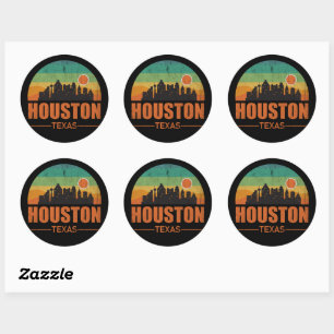 Sticker Rond Vintage Houston City Texas Skyline Retro Sunset
