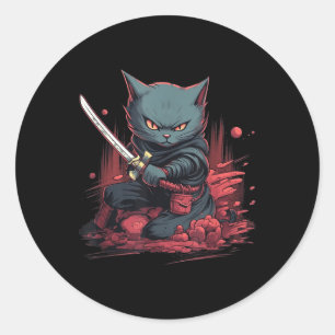 Sticker Rond Vintage japonais Samurai Ninja Chat Tattoo Kawaii