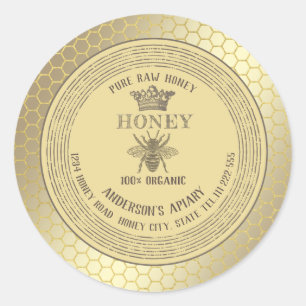 Sticker Rond Vintage jaune doré couronne miel peigne miel pot d