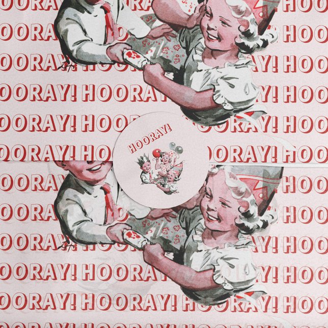 Sticker Rond Vintage les années 50 Hooray Enfants Anniversaire (Créateur téléchargé)