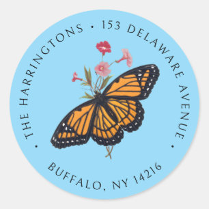 Sticker Rond Vintage Monarch Butterfly Sky Blue Adresse de reto