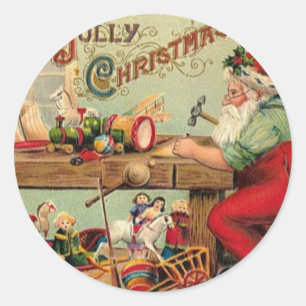 Sticker Rond Vintage Noël Père Noël Atelier de  Jouets cadeaux 