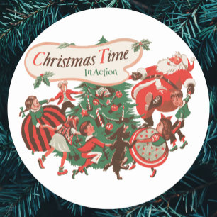 Sticker Rond Vintage Noël Père Noël et enfants dansants