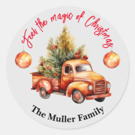 Sticker Rond Vintage Noël Rouge Camion Aquarelle