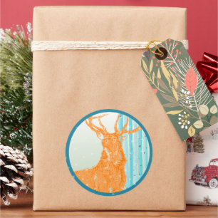 Sticker Rond Vintage Orange Buck Deer Aqua Birch Tree Snowflake