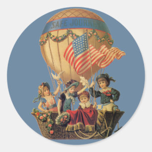 Sticker Rond Vintage patriotique, enfants dans une montgolfière
