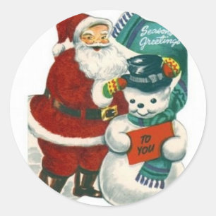 Sticker Rond vintage Père Noël snowman Noël vacances d'hiver