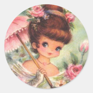 Sticker Rond Vintage Retro Girl Floral