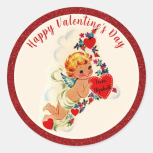 Sticker Rond Vintage Saint Valentin Retro Cupid Rouge Cupid Cus