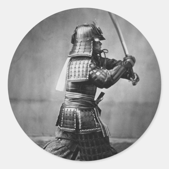 Sticker Rond Vintage Samurai avec épée et portrait d'art Dagger (Devant)