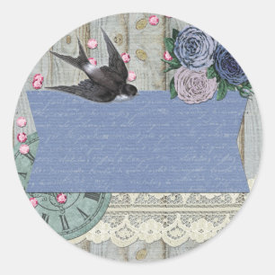 Sticker Rond Vintage Swallow Bird Cobalt Blue Shabby Chraft