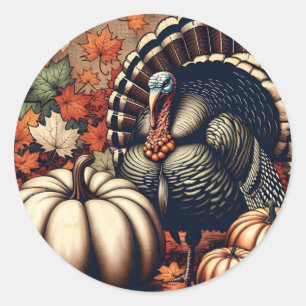 Sticker Rond Vintage Thanksgiving Turquie et Citrouilles