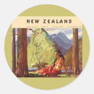 Sticker Rond Vintage voyage, Nouvelle-Zélande Paysage Femme aut