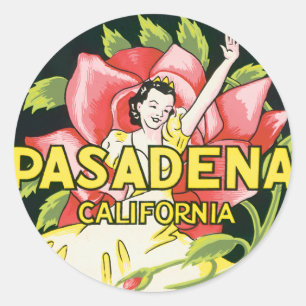 Sticker Rond Vintage voyage, Pasadena Californie, Dame et Rose