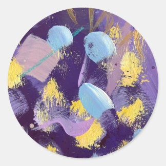 Sticker Rond Violet, Bleu et Jaune Abstrait Art Vivant