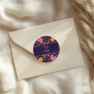 Sticker Rond Violet coloré mexicain Floral Fiesta Mariage