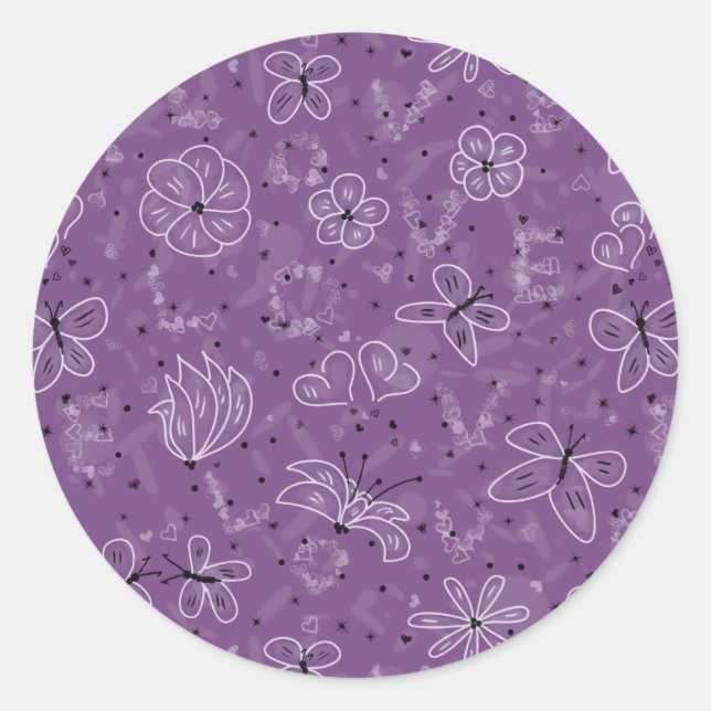Sticker Rond Violet Mauve papillon LOVE - motif sans soudure. (Devant)