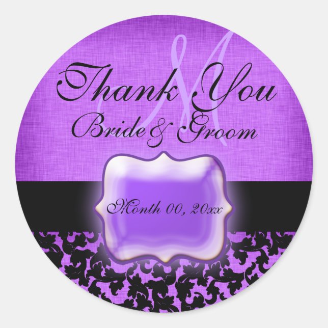Sticker Rond Violet noir "merci" mariage damask (Devant)