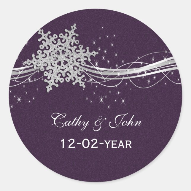 Sticker Rond violet Silver Snowflakes mariage faveurs autocolla (Devant)