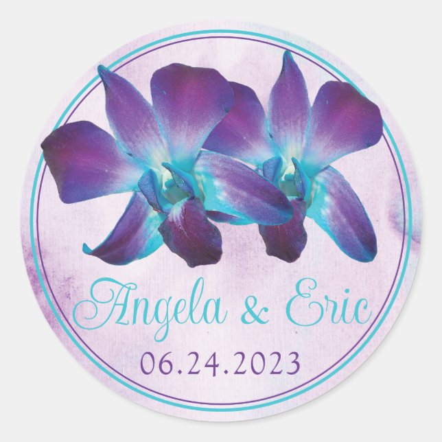 Sticker Rond Violet Turquoise Bleu Dendrobium Mariage orchidée (Devant)