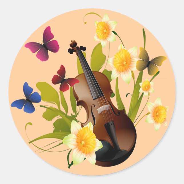 STICKER ROND VIOLON, FLEURS ET PAPILLONS (Devant)