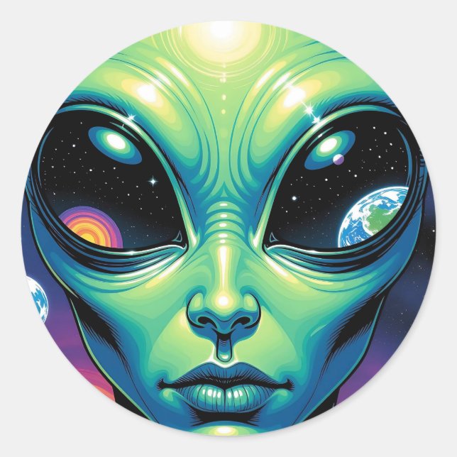 Sticker Rond Visage Alien avec des planètes Réflexions dans les (Devant)