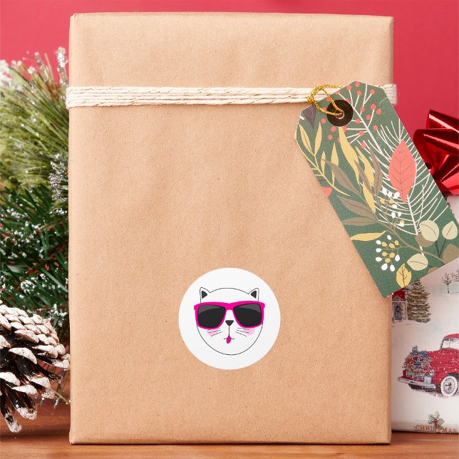 Sticker Rond Visage de chat cool avec lunettes de soleil roses  (Créateur téléchargé)