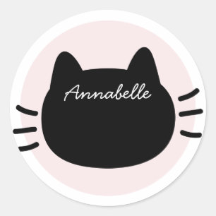 Sticker Rond Visage de Chat Noir Nom Rose