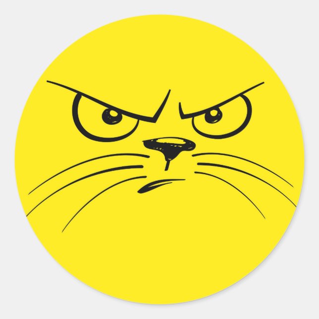 Sticker Rond Visage de dessin de chat en colère, Jaune (Devant)