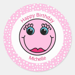 Sticker Rond Visage de la dame rose Personnalisé Anniversaire
