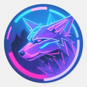 Sticker Rond Visage de loup néon futuriste dans l'art géométriq