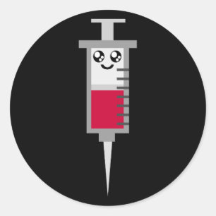 STICKER ROND VISAGE HEUREUX MÉDICALE TIRÉ PAR SERINGUE DE