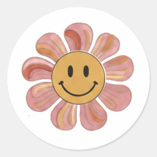 Sticker Rond Visage Souriant Fleur Rétro Groovy Pastel Floral 7
