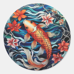 Sticker Rond Vitrail asiatique style Koi Poisson et Camellias