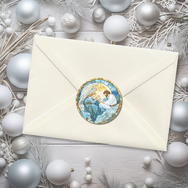 Sticker Rond Vitrail d'ange religieux Fête Bleu (Religious Angel Stained Glass Holiday Blue Classic Round Sticker)