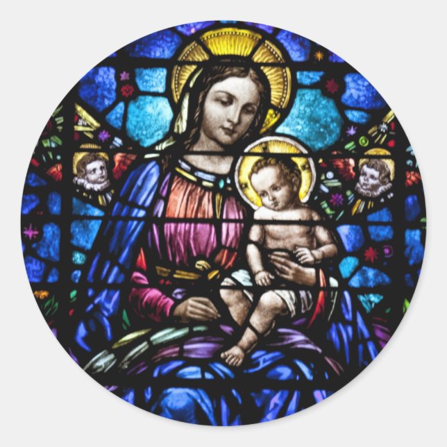 Sticker Rond Vitrail de Madonna et d'enfant (Devant)