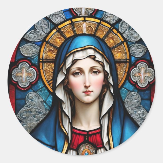Sticker Rond Vitrail de Vierge Marie catholique chrétienne (Devant)