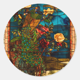 Sticker Rond Vitraux anciens avec paons et fleurs