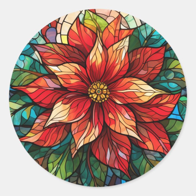 Sticker Rond Vitraux de Noël Fleur rouge Poinsettia (Devant)